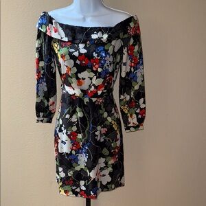 $128 Banana Republic Black Floral Long Sleeve Off Shoulder Dress Petite Size XXS